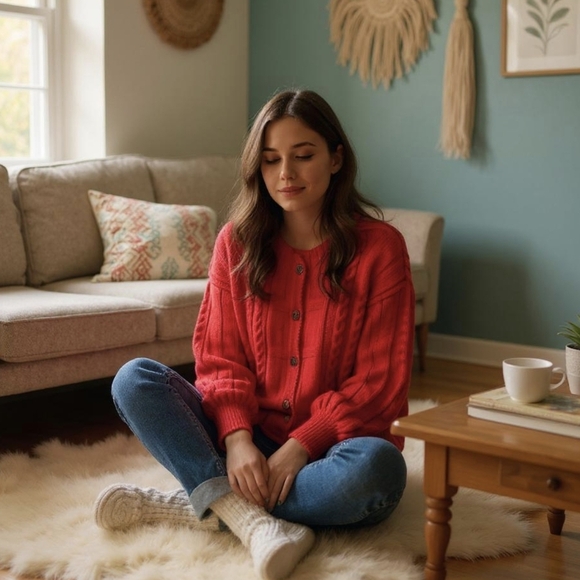 Vintage Red Austrian Wool Puff Sleeve Cardigan Sz EU 44/ US LG Salzburger Dirndl - Picture 2 of 16